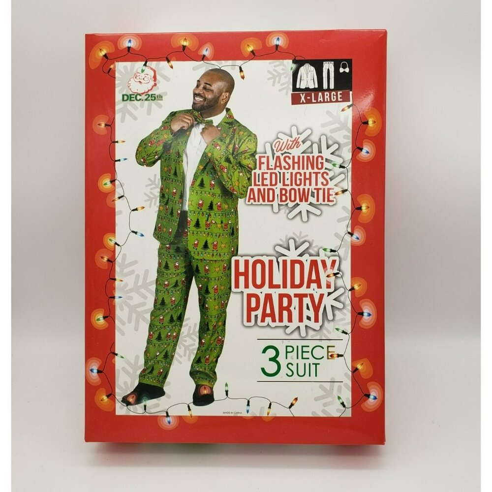 Green Rocking Santa Holiday Party 3 pc suit, flashing lights & bow Tie, Men's XL